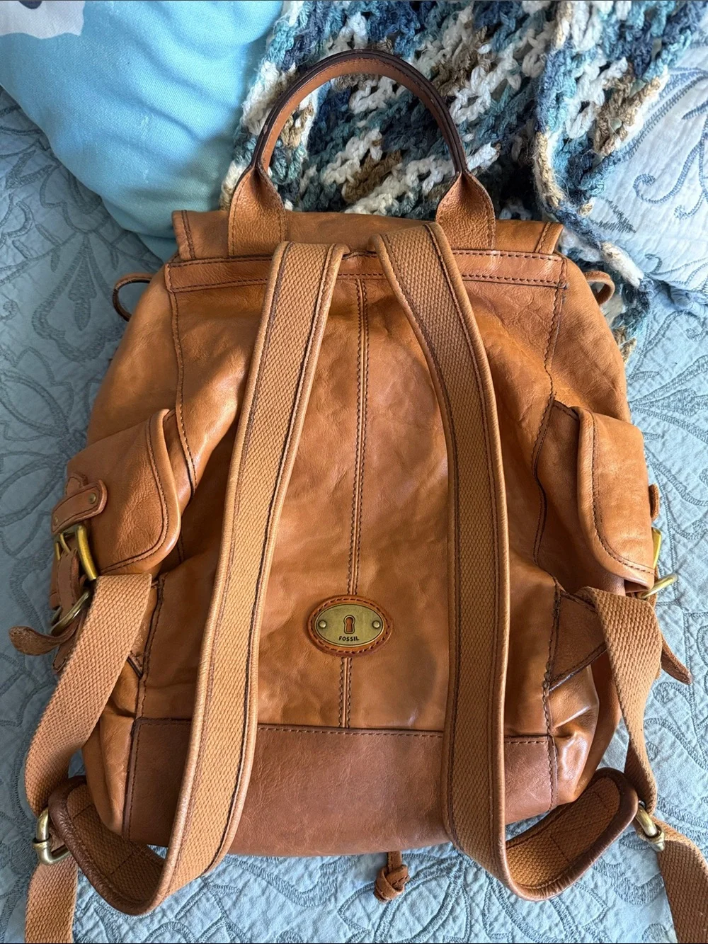 PREOWNED Vintage Fossil Classic Tan Leather Backpack Medium Size